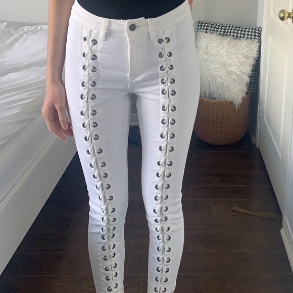 White Lace-Up Jeans - Picture 1 of 5